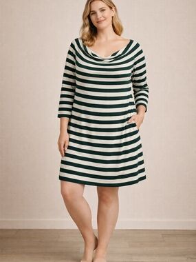 AE City Green White Striped Cowl Neck Tunic Dress Plus X Minimalist Capsule